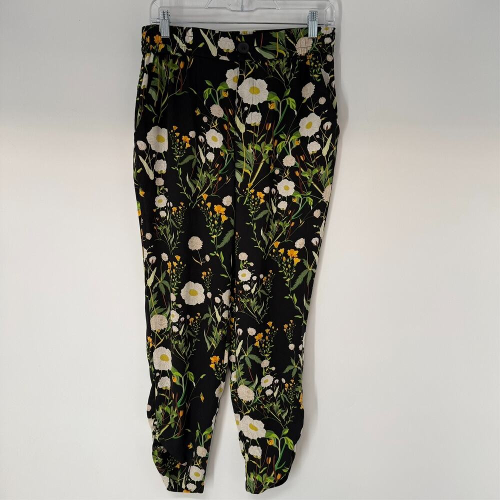 CAbi Chi Chi Trouser Pants Womens S Black Floral Tapered Ruched Botanical #4259